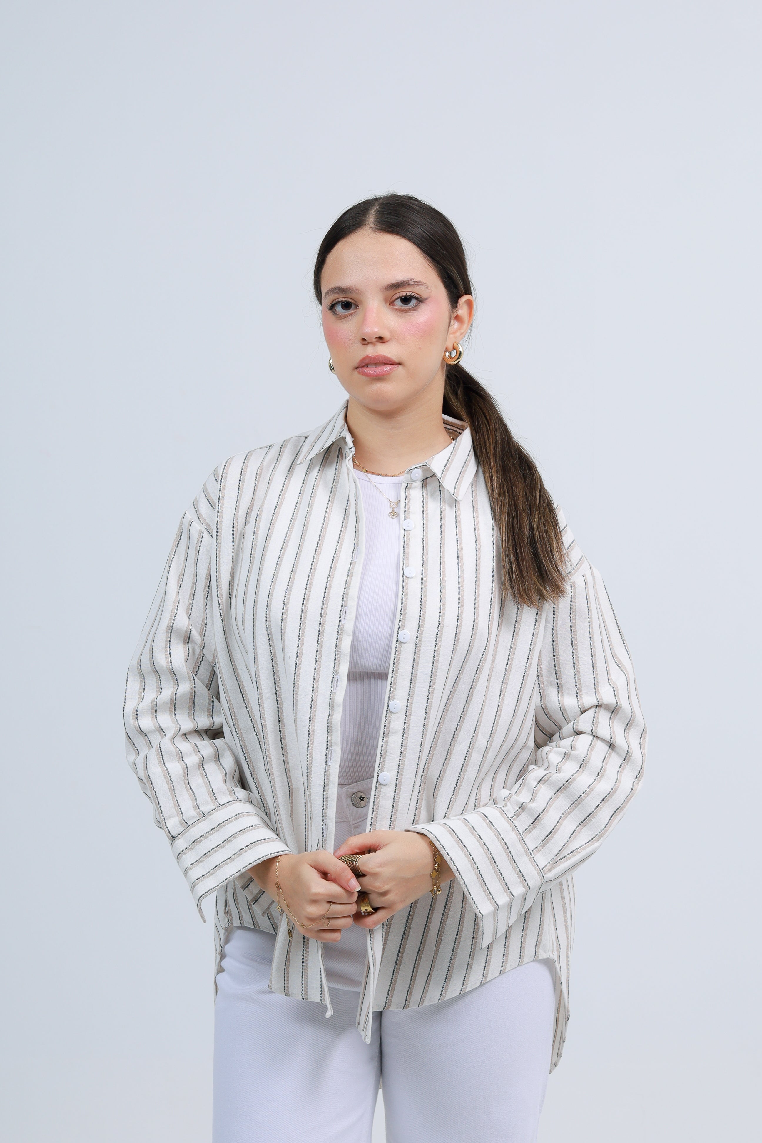 Oversized Striped Shirt - Beige