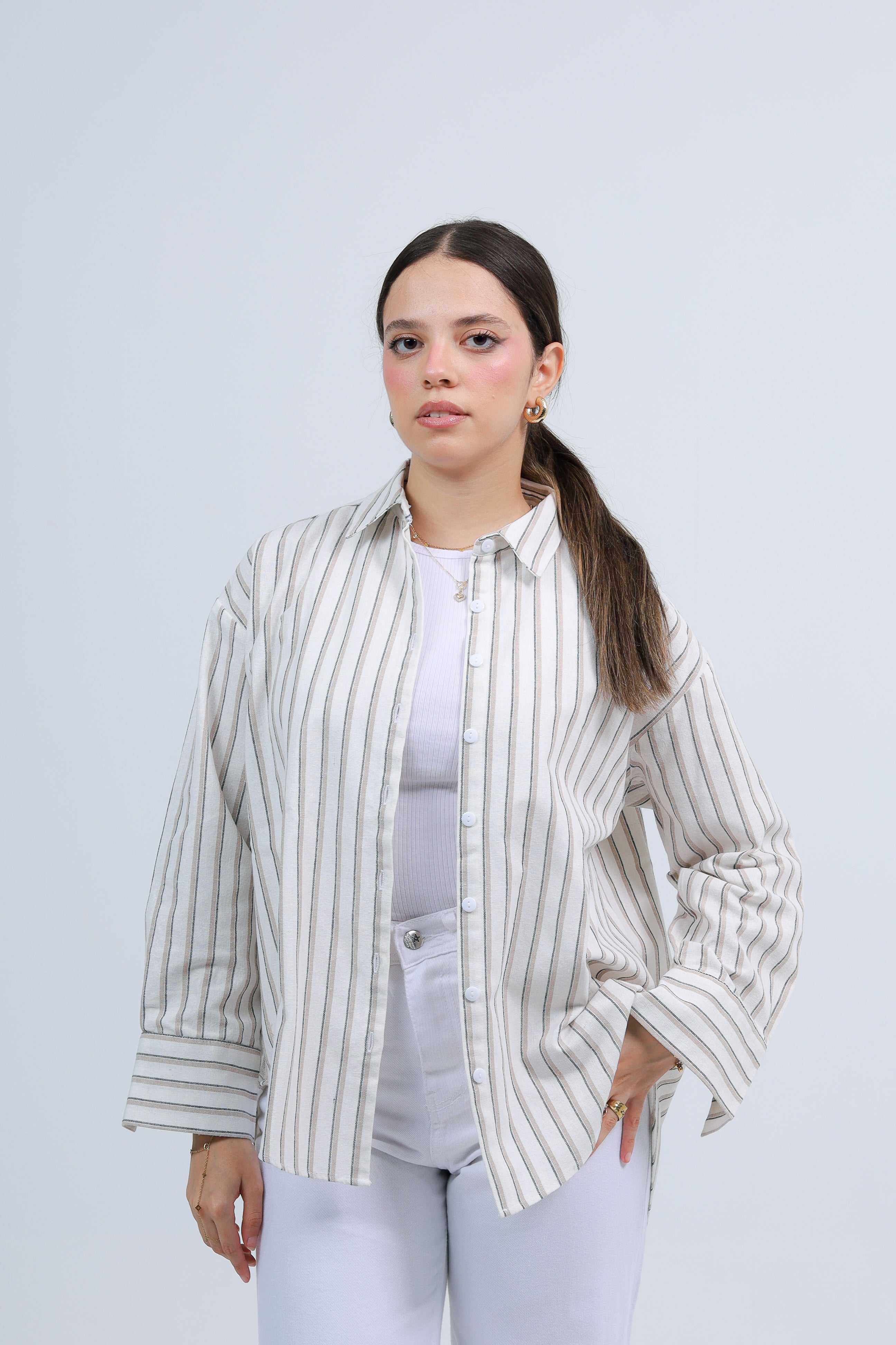 Oversized Striped Shirt - Beige