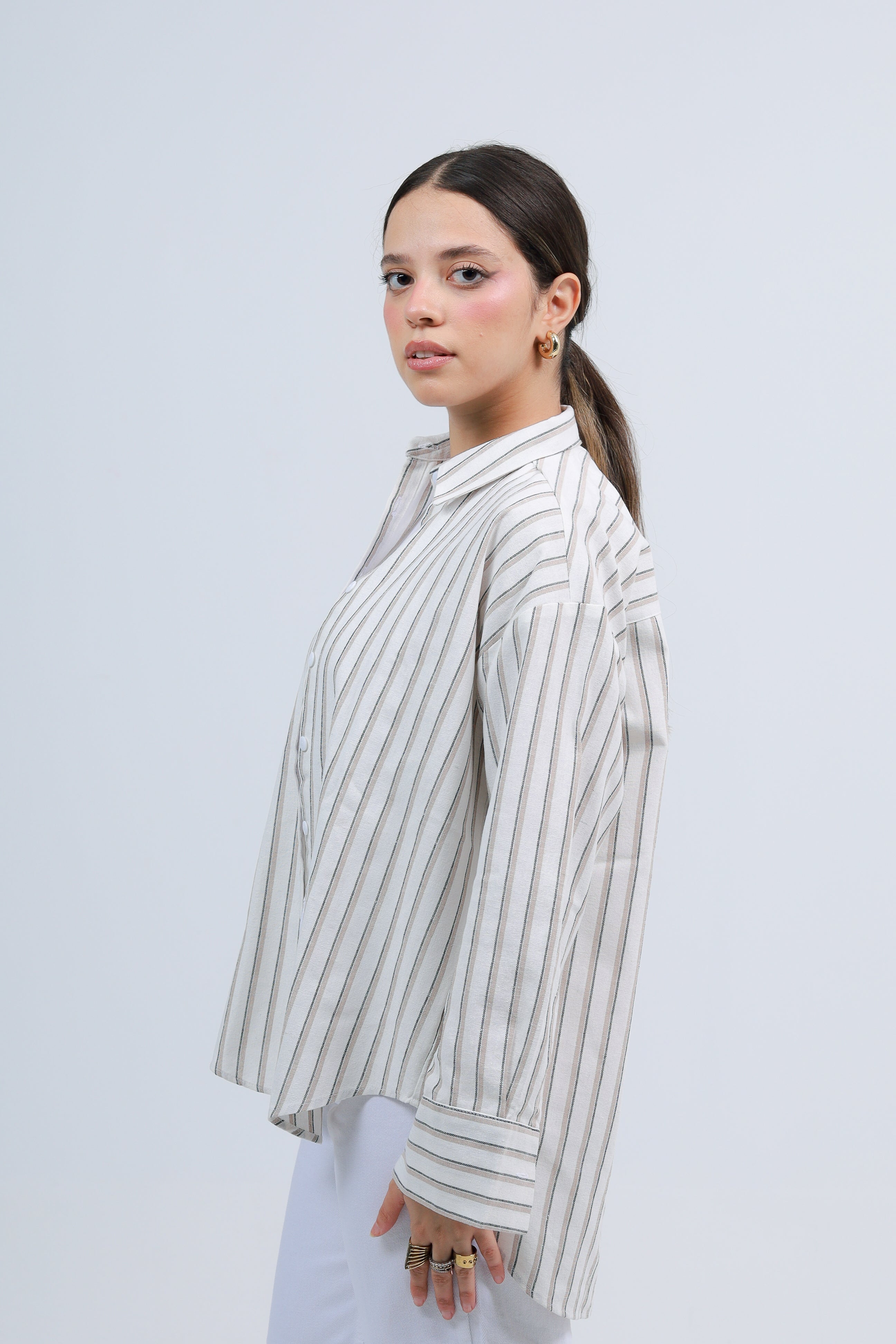 Oversized Striped Shirt - Beige