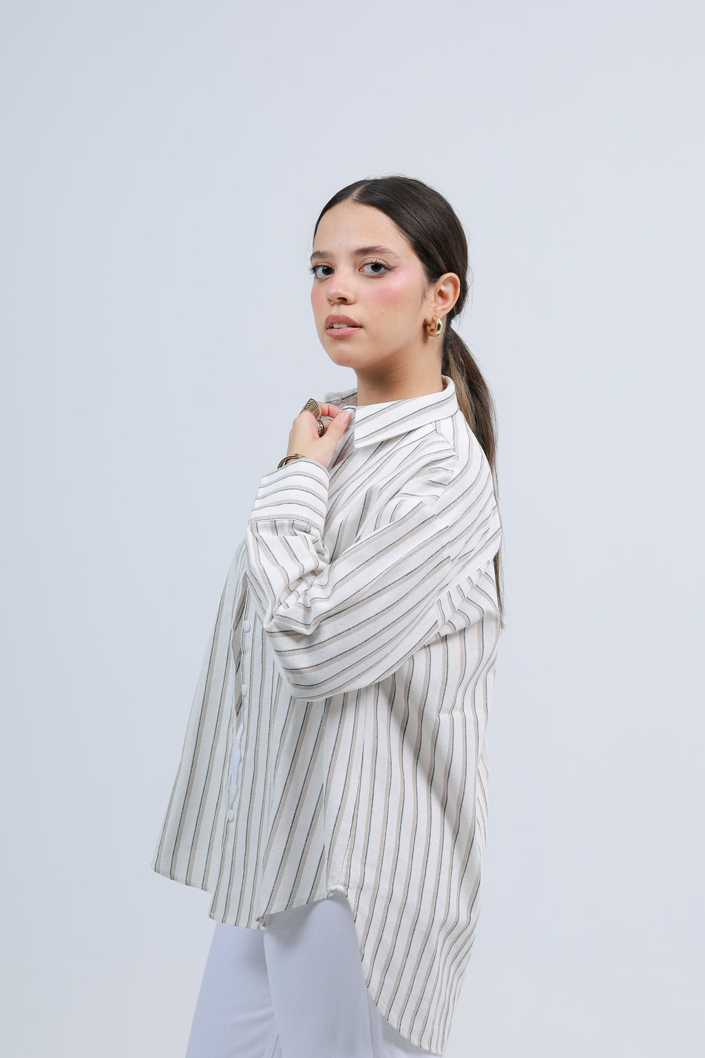 Oversized Striped Shirt - Beige
