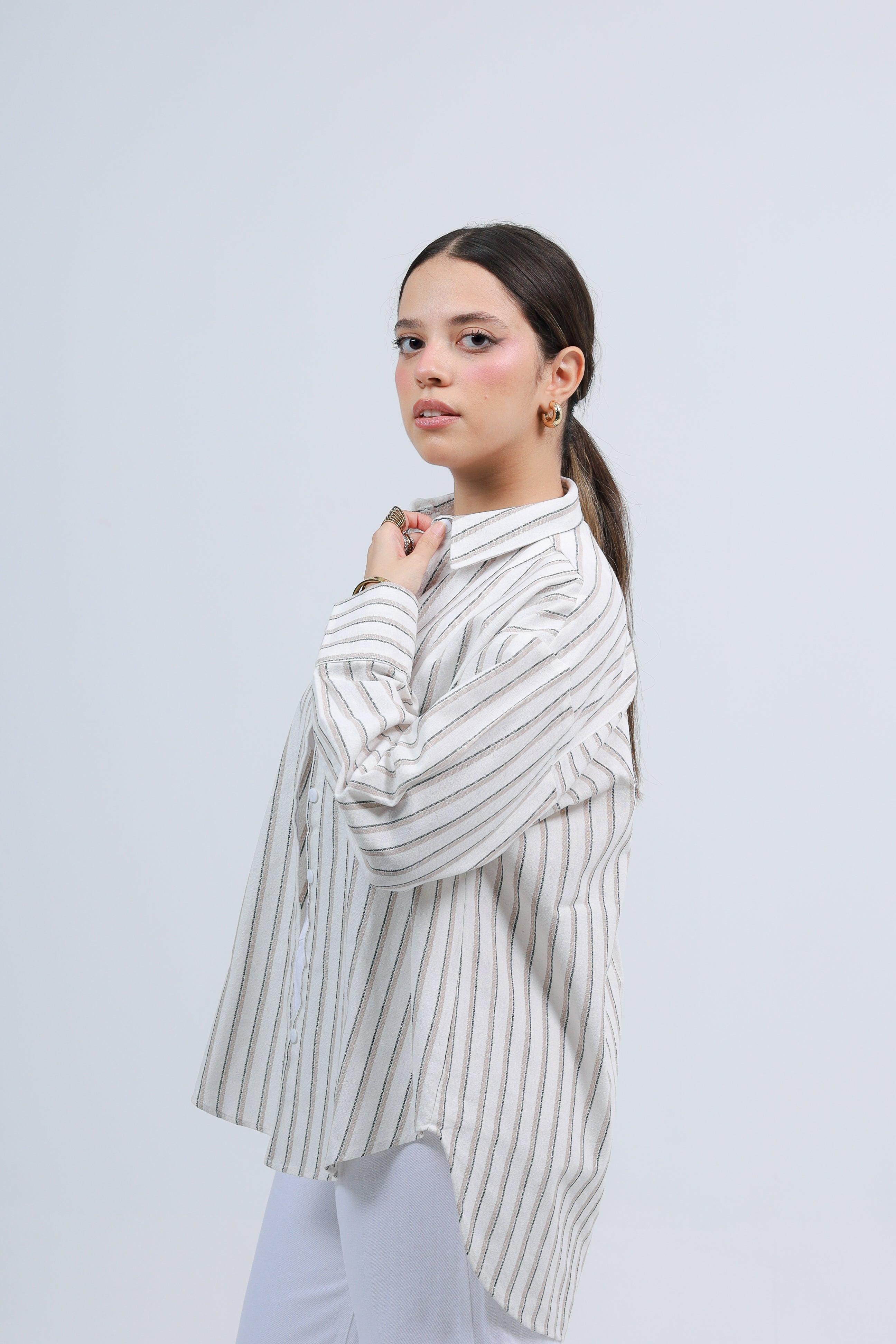 Oversized Striped Shirt - Beige