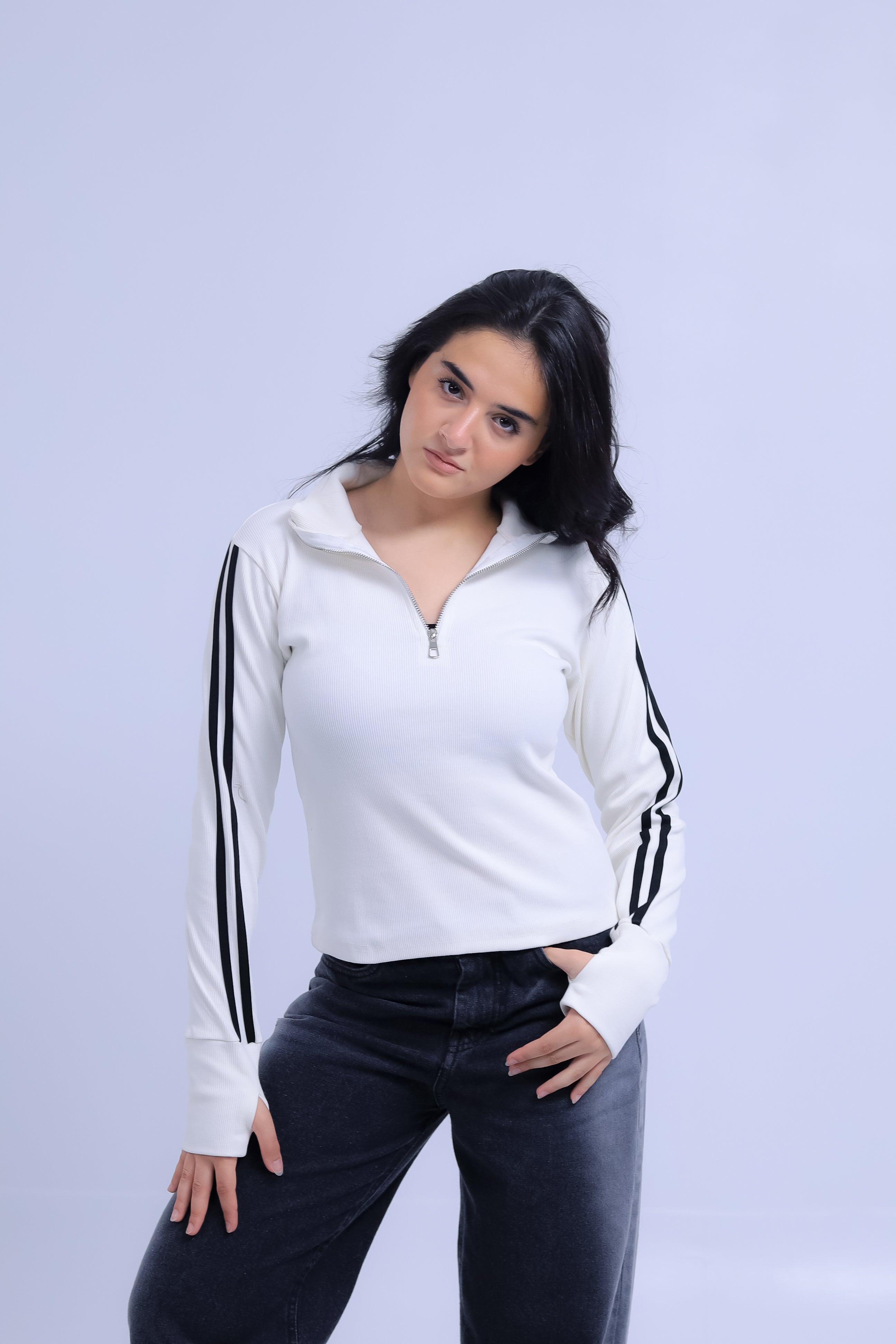 Ribbed Zip Tee With Sleeve Stripes