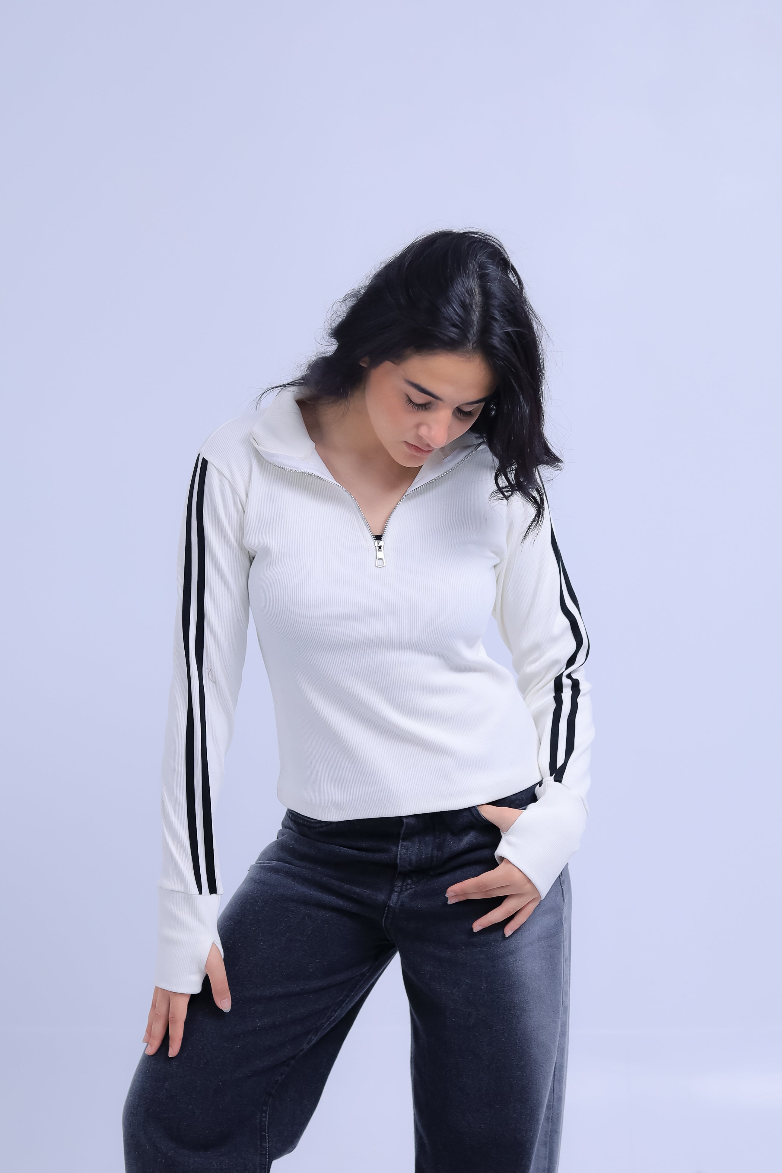 Ribbed Zip Tee With Sleeve Stripes