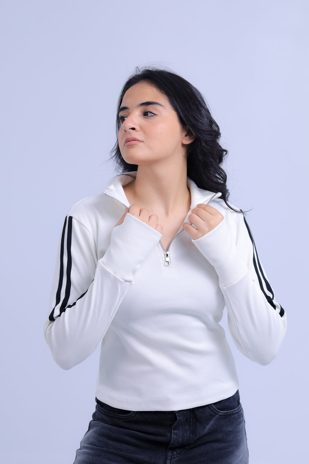 Ribbed Zip Tee With Sleeve Stripes