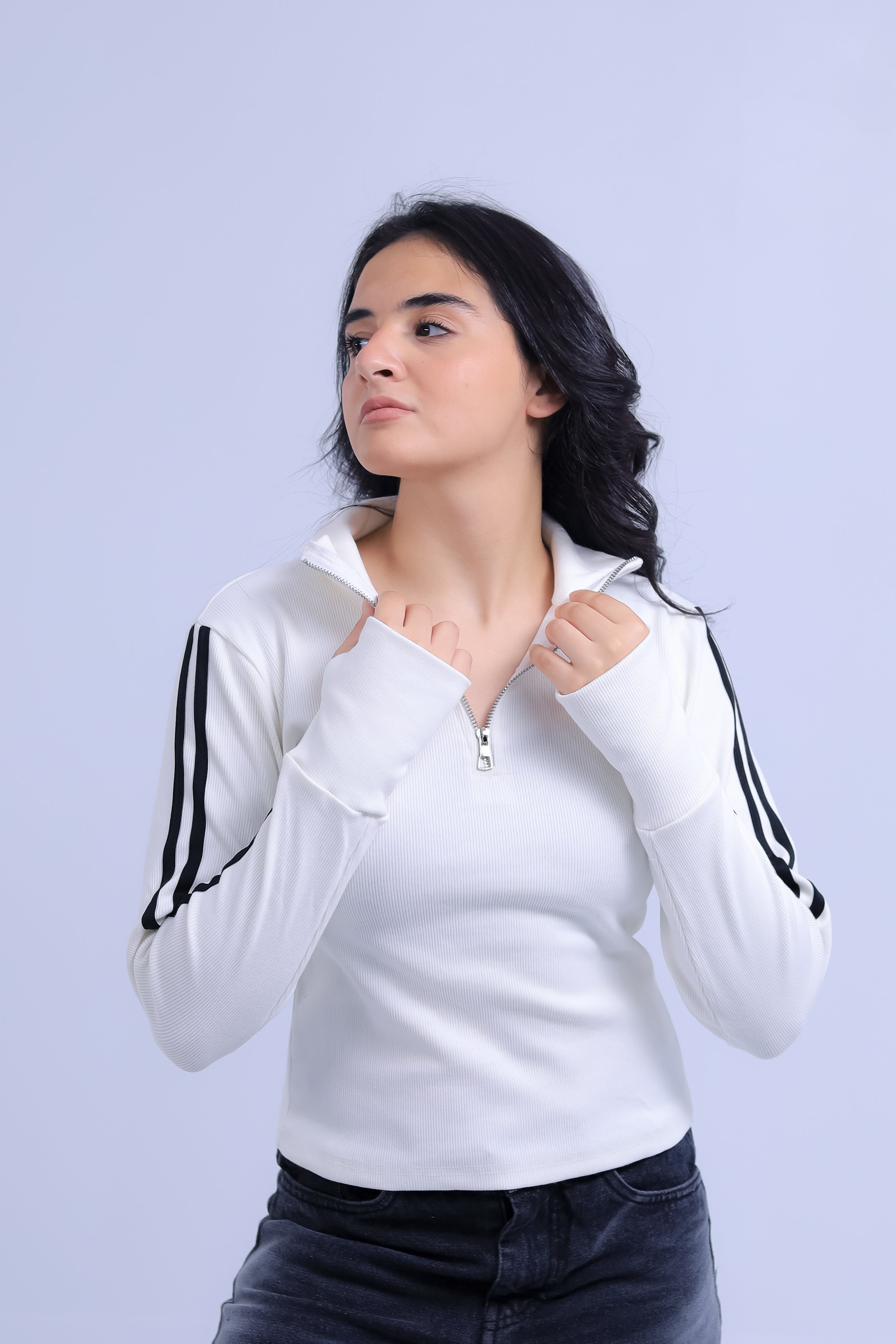Ribbed Zip Tee With Sleeve Stripes