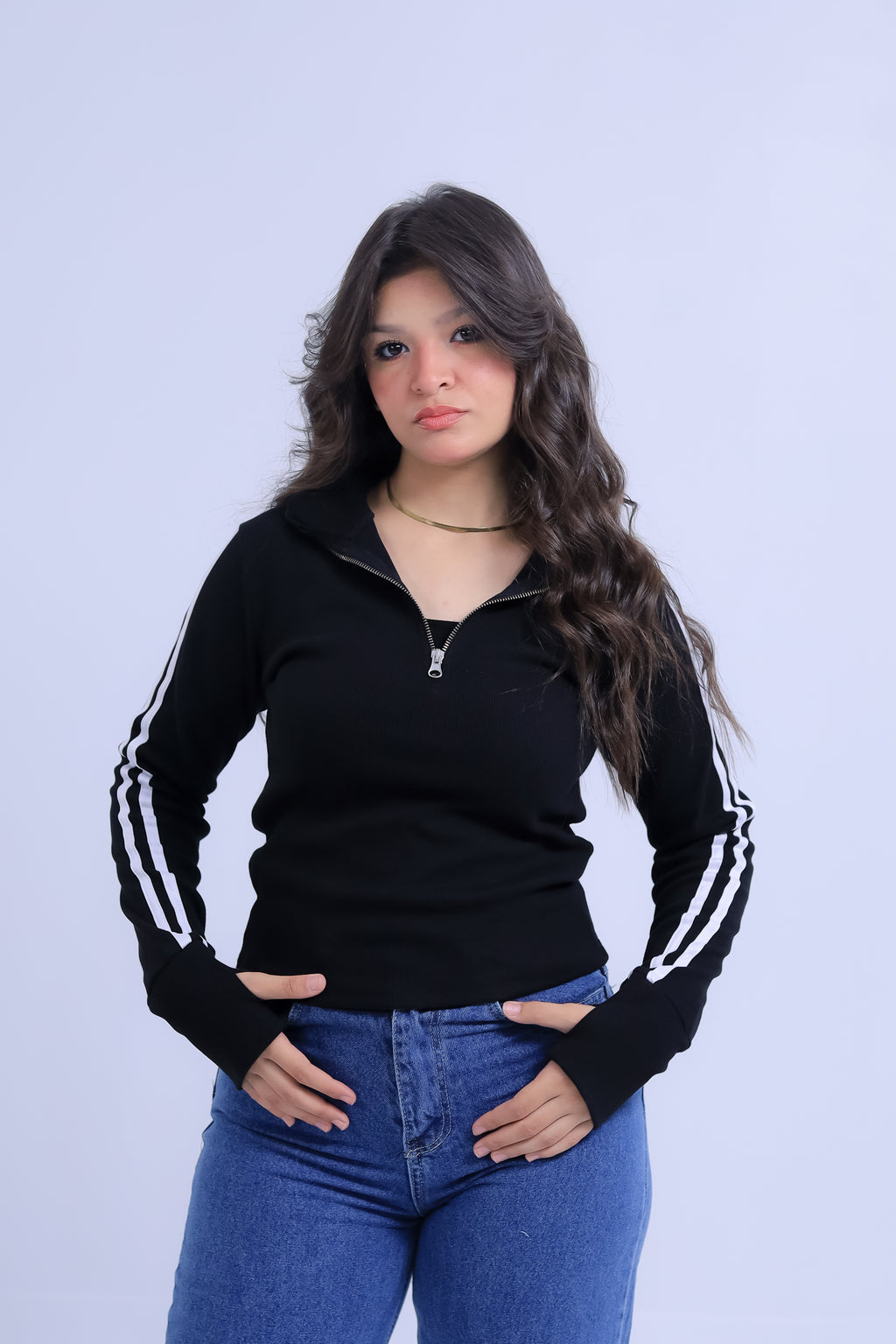 Ribbed Zip Tee With Sleeve Stripes