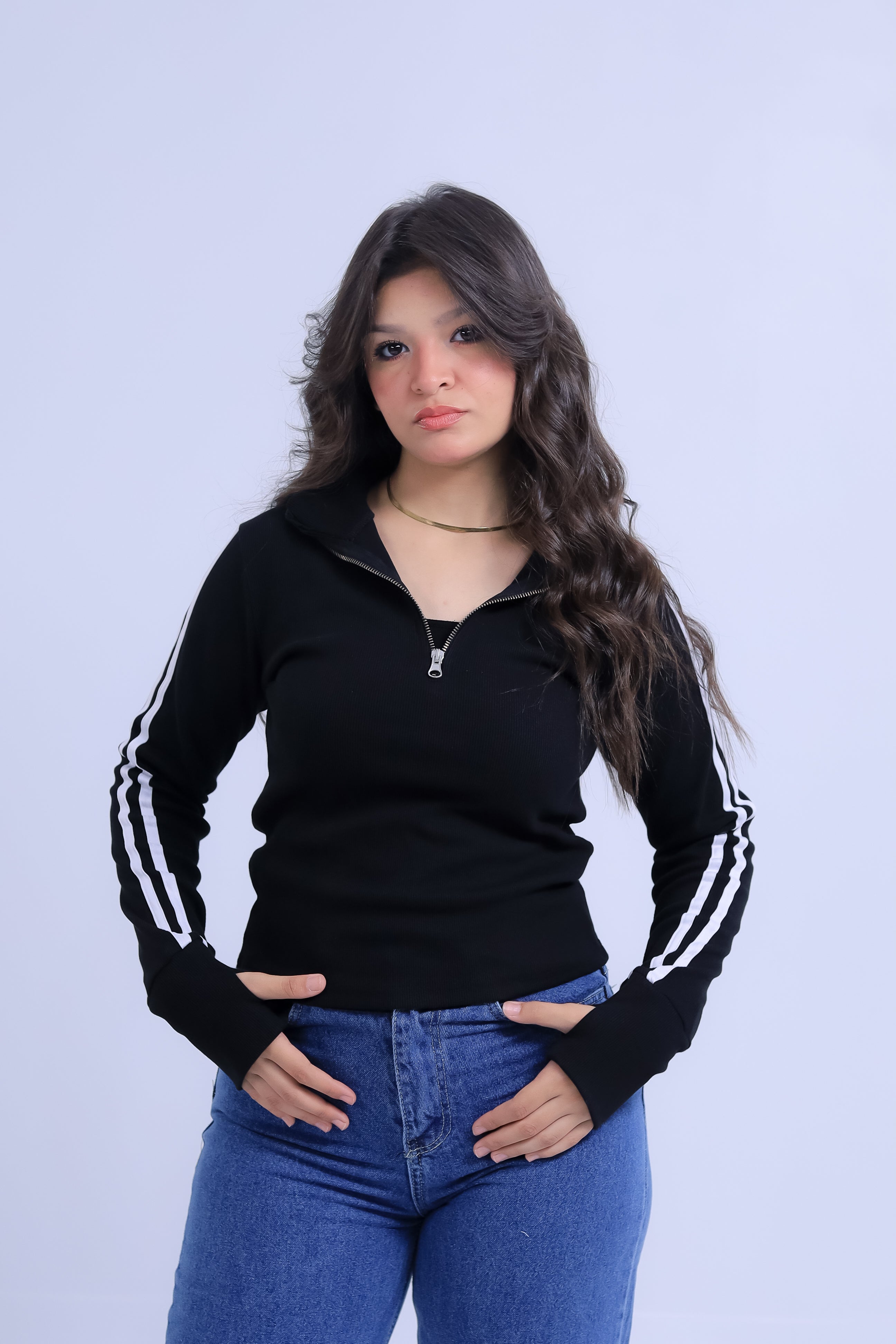 Ribbed Zip Tee With Sleeve Stripes