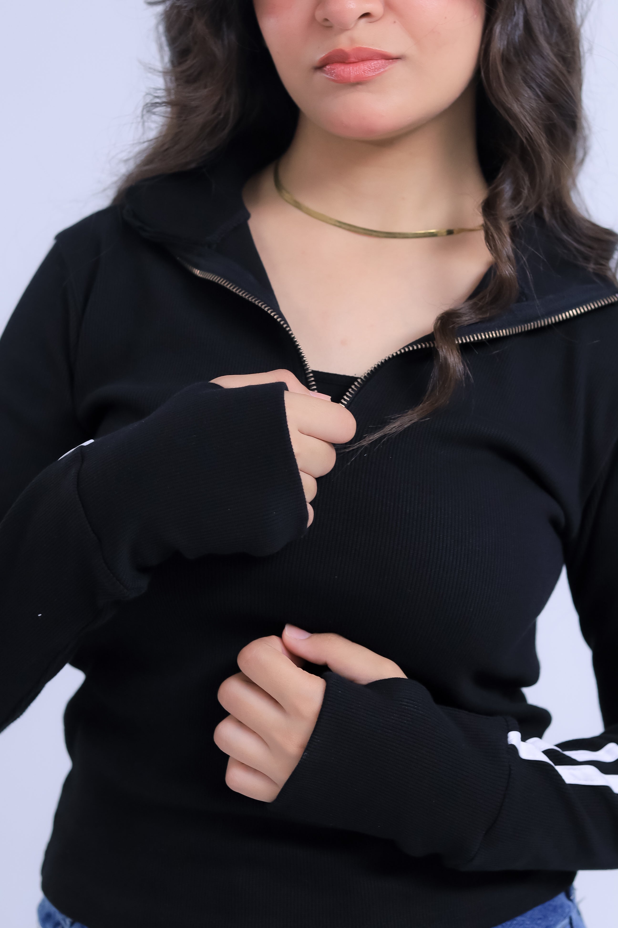 Ribbed Zip Tee With Sleeve Stripes