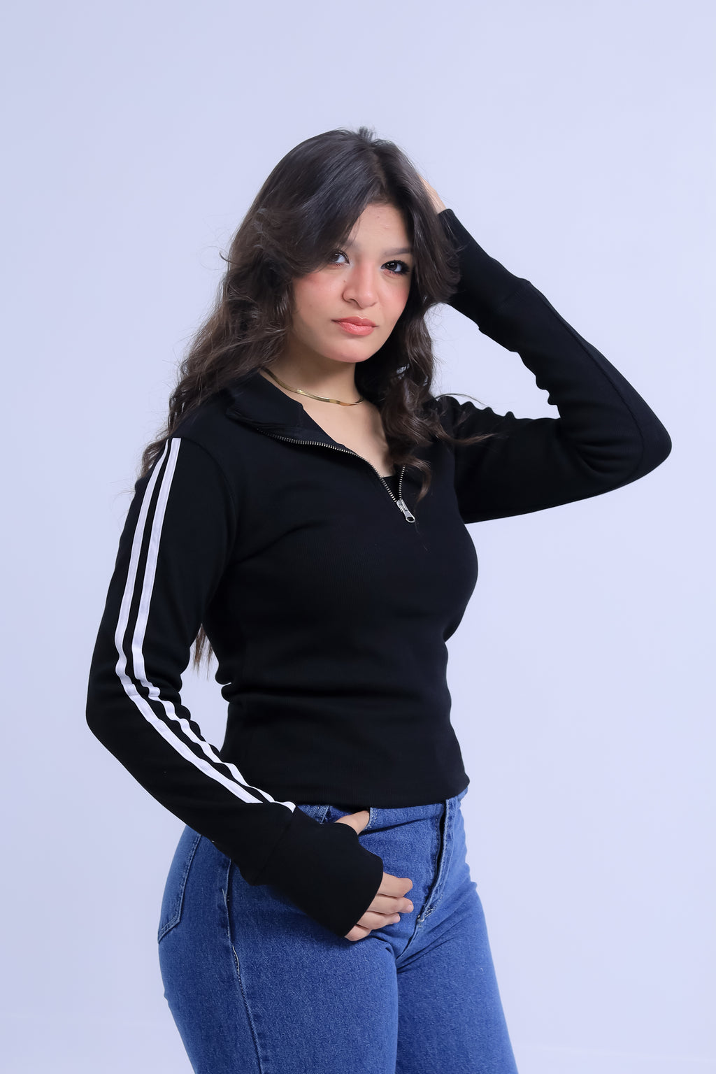 Ribbed Zip Tee With Sleeve Stripes