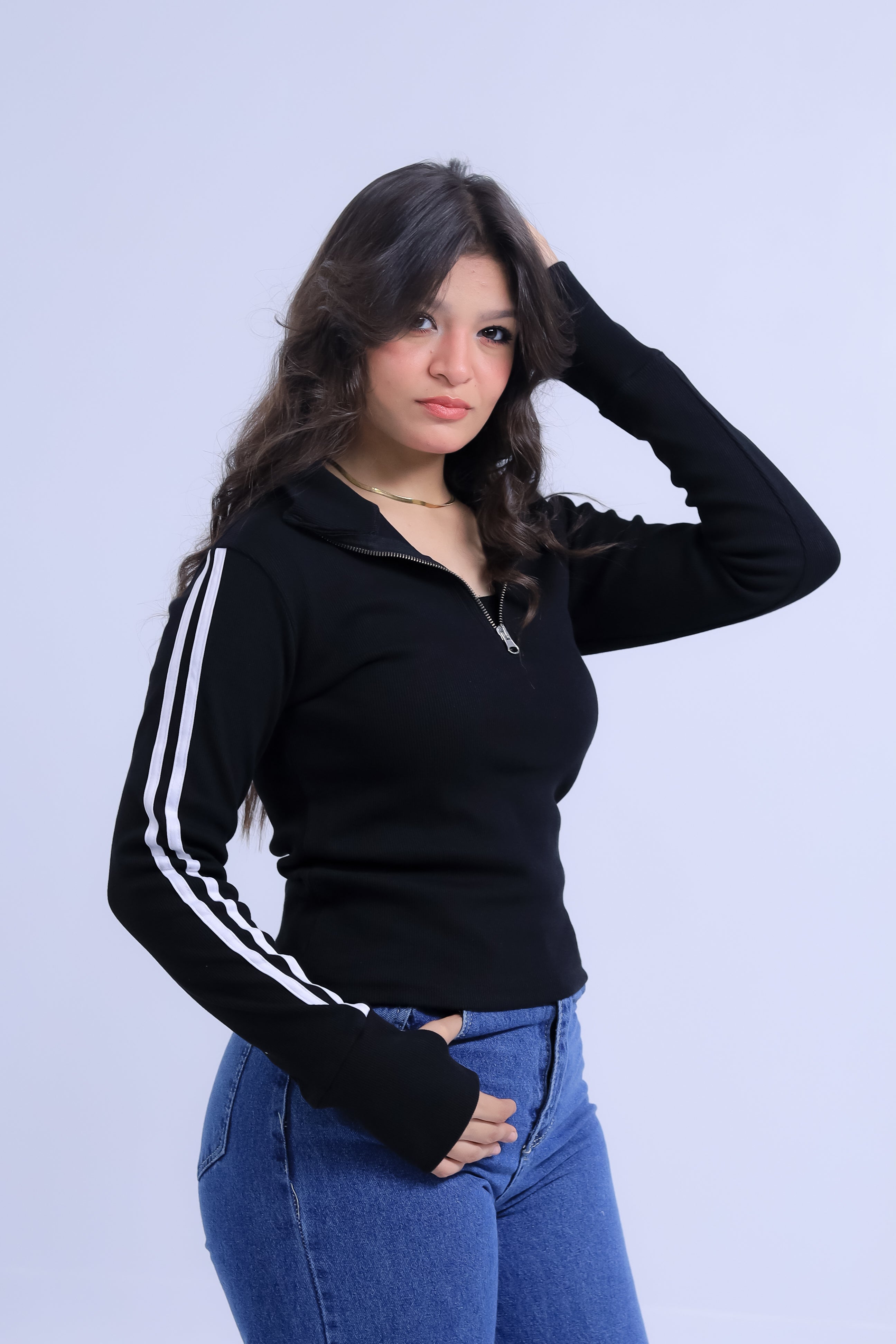 Ribbed Zip Tee With Sleeve Stripes