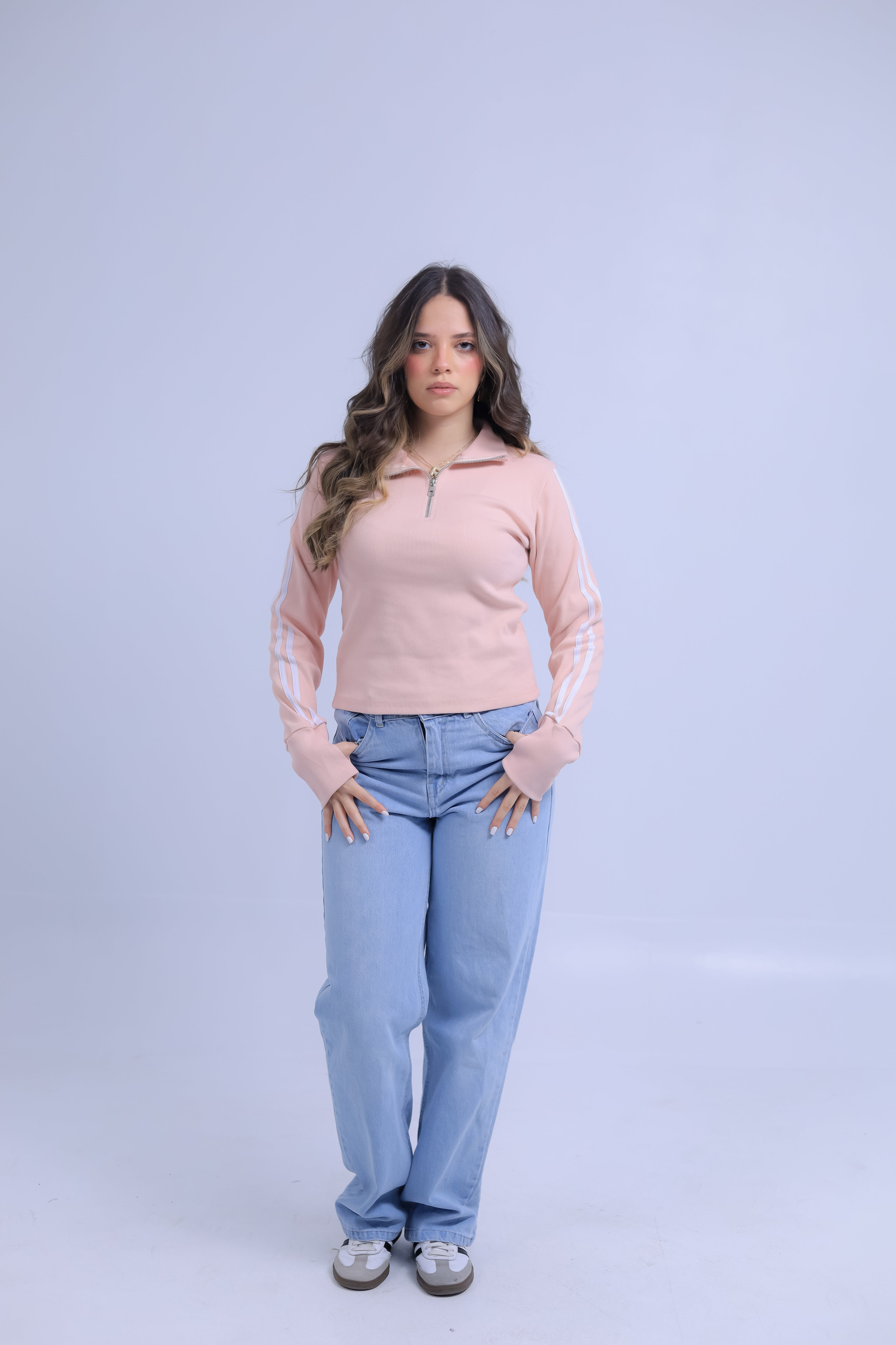 Ribbed Zip Tee With Sleeve Stripes