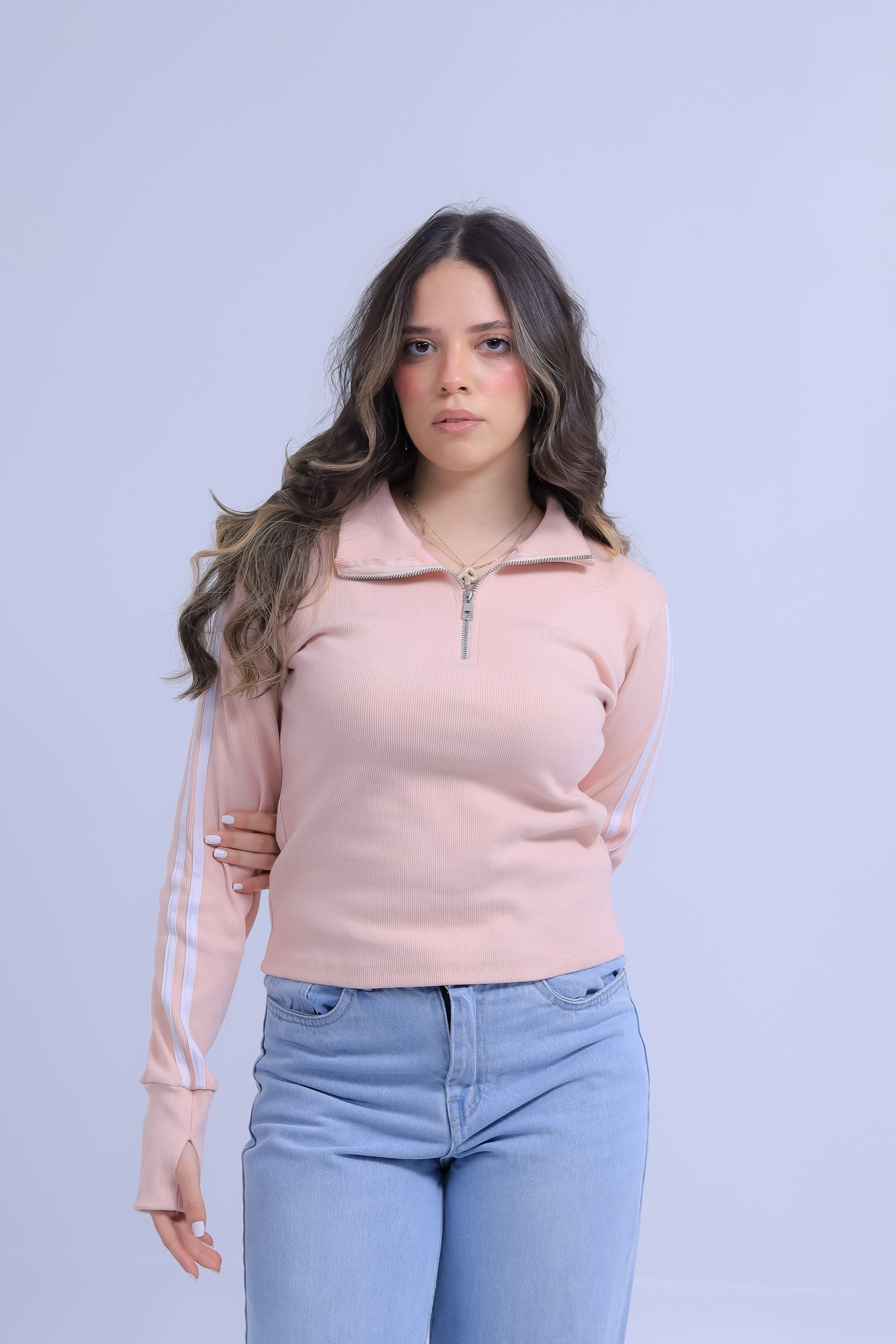 Ribbed Zip Tee With Sleeve Stripes