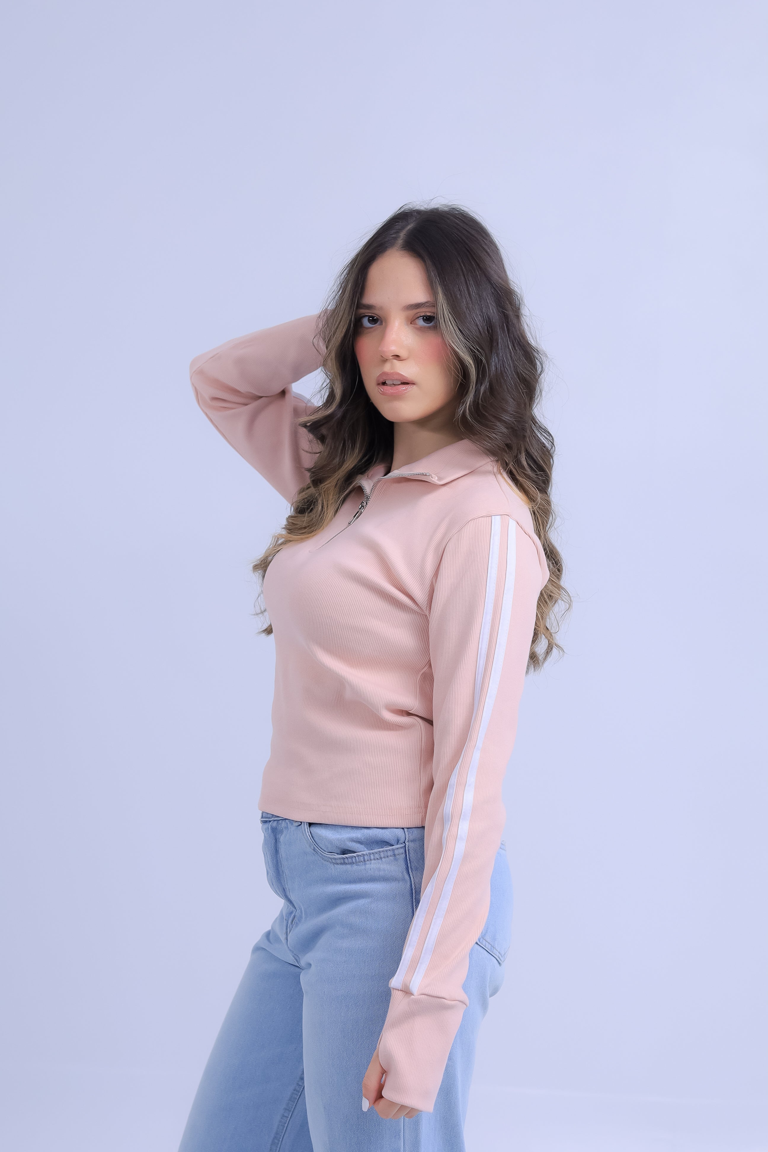 Ribbed Zip Tee With Sleeve Stripes