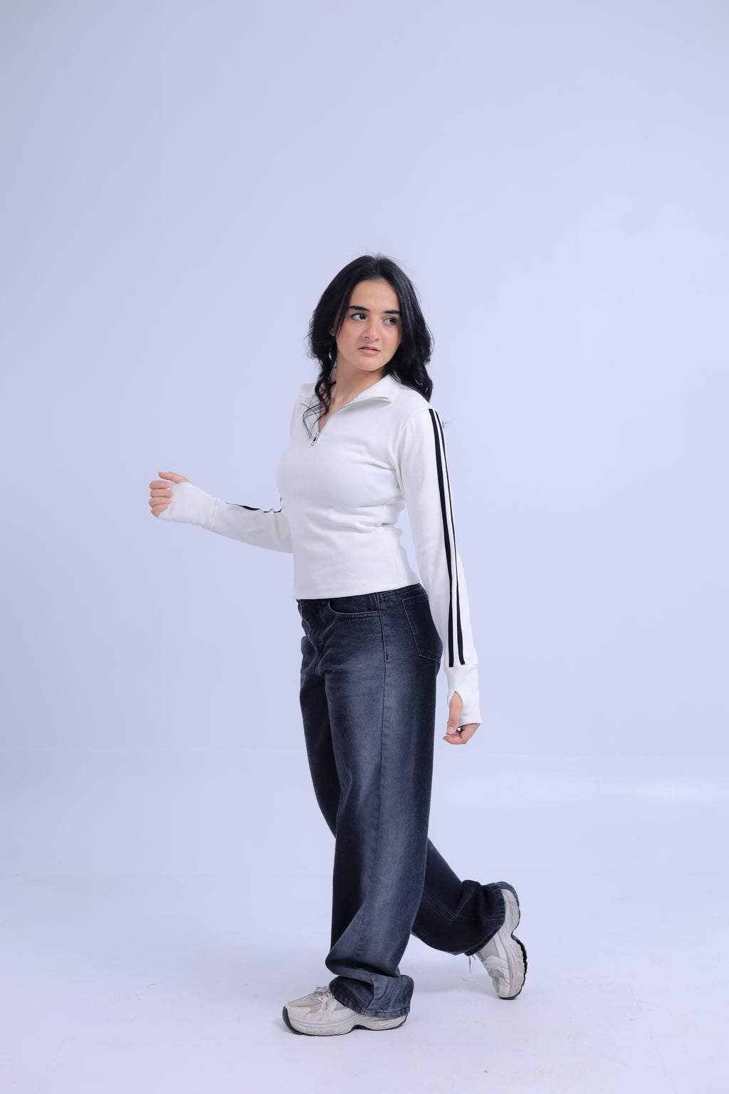Ribbed Zip Tee With Sleeve Stripes