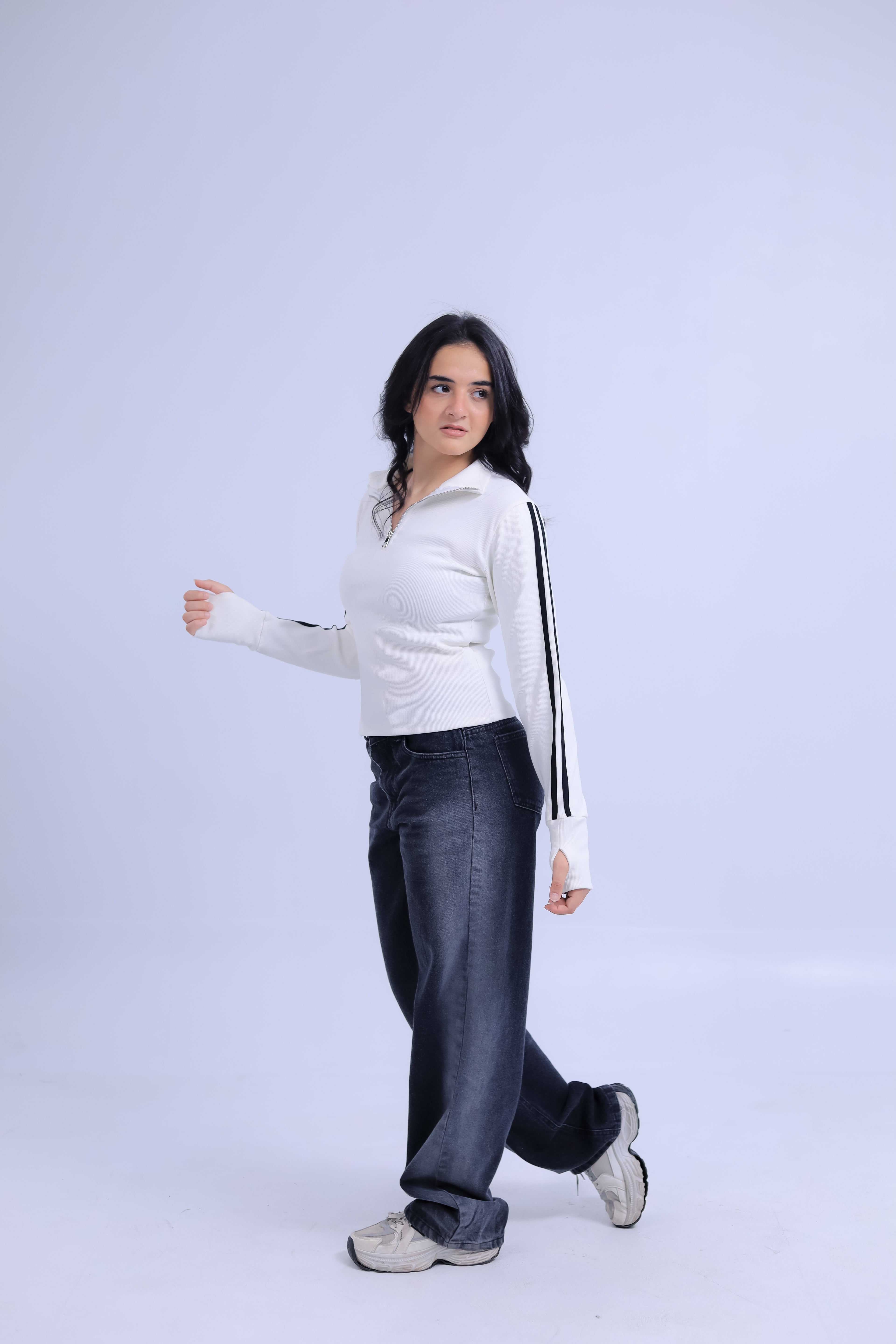Ribbed Zip Tee With Sleeve Stripes