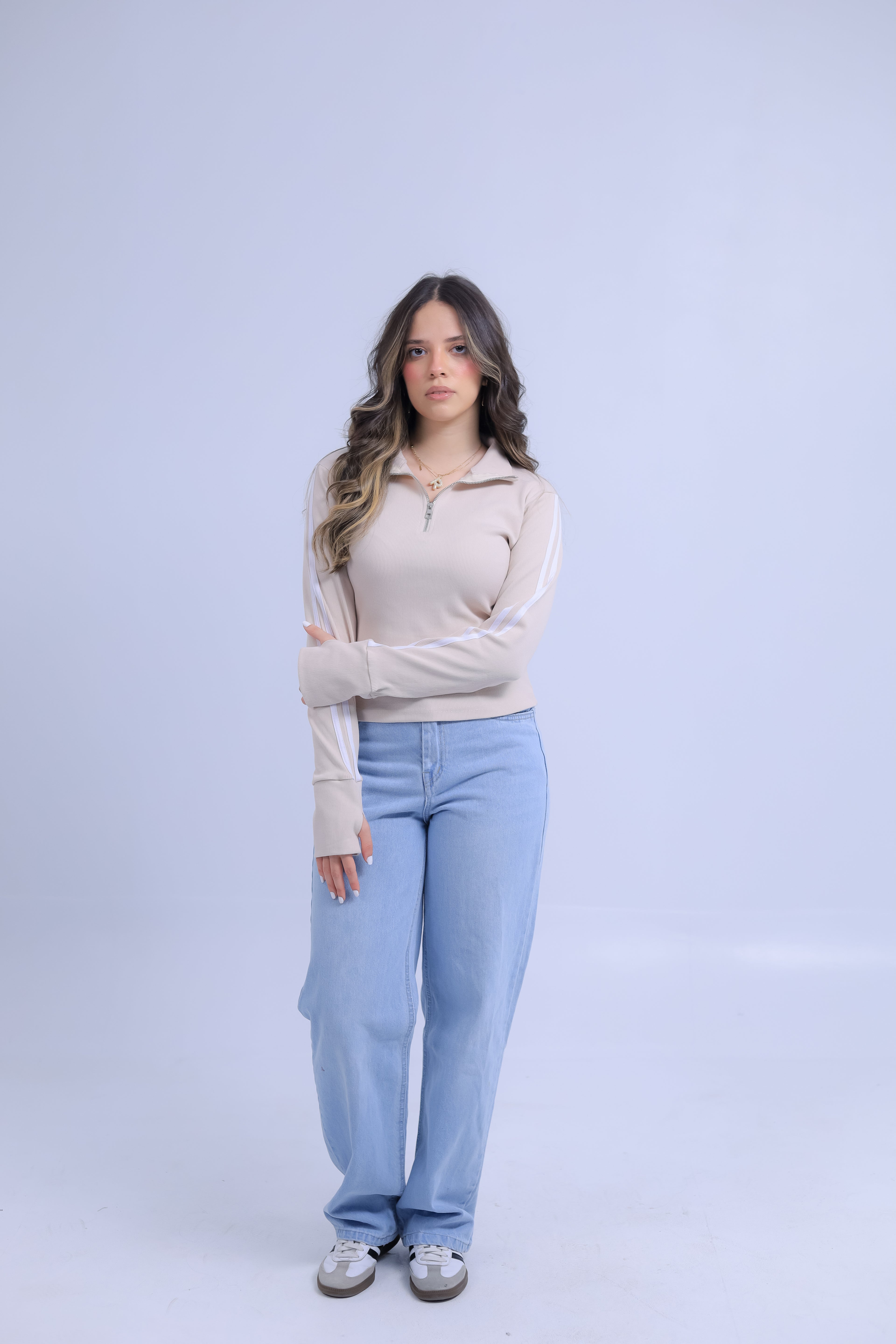 Ribbed Zip Tee With Sleeve Stripes