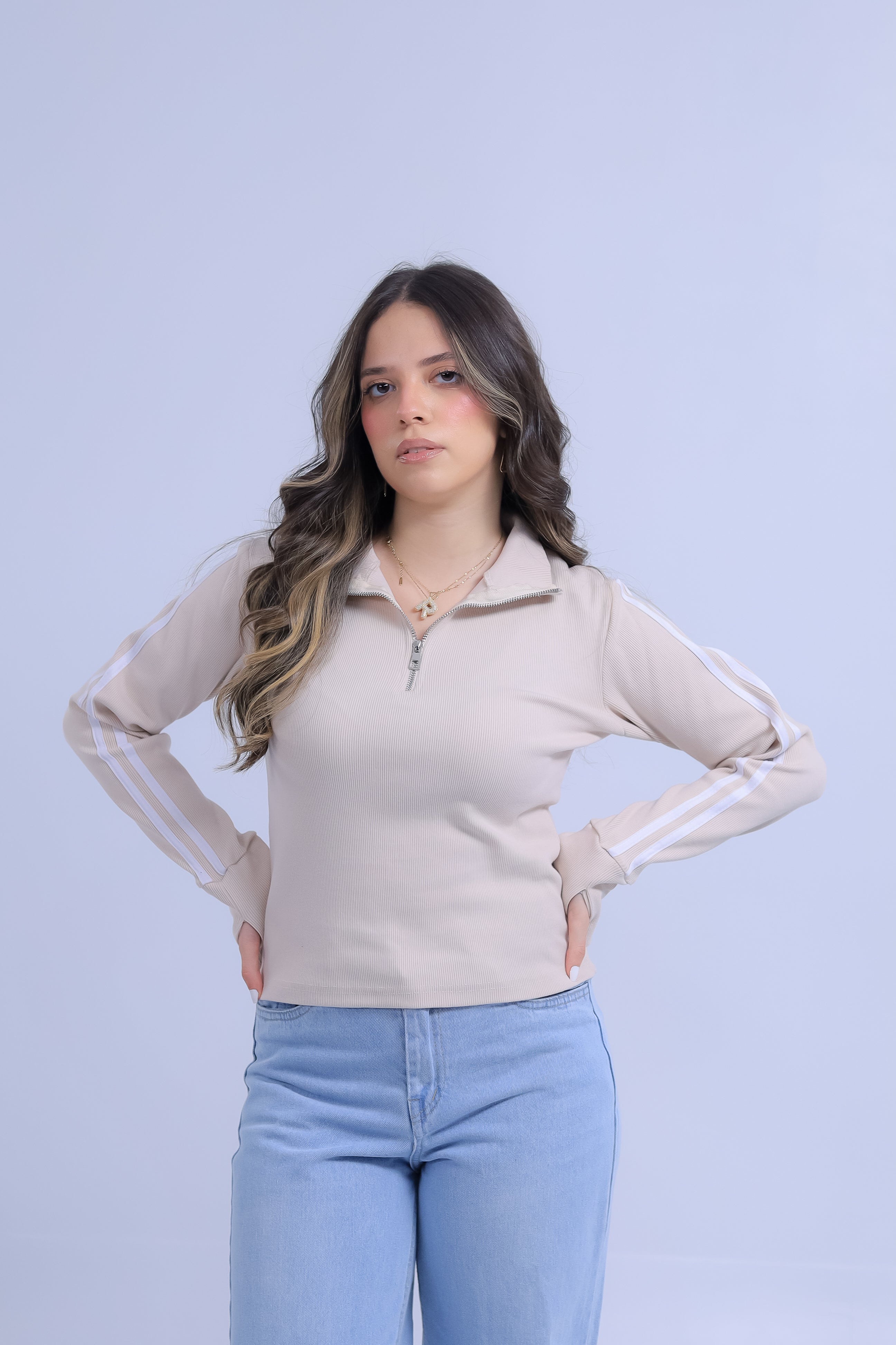 Ribbed Zip Tee With Sleeve Stripes