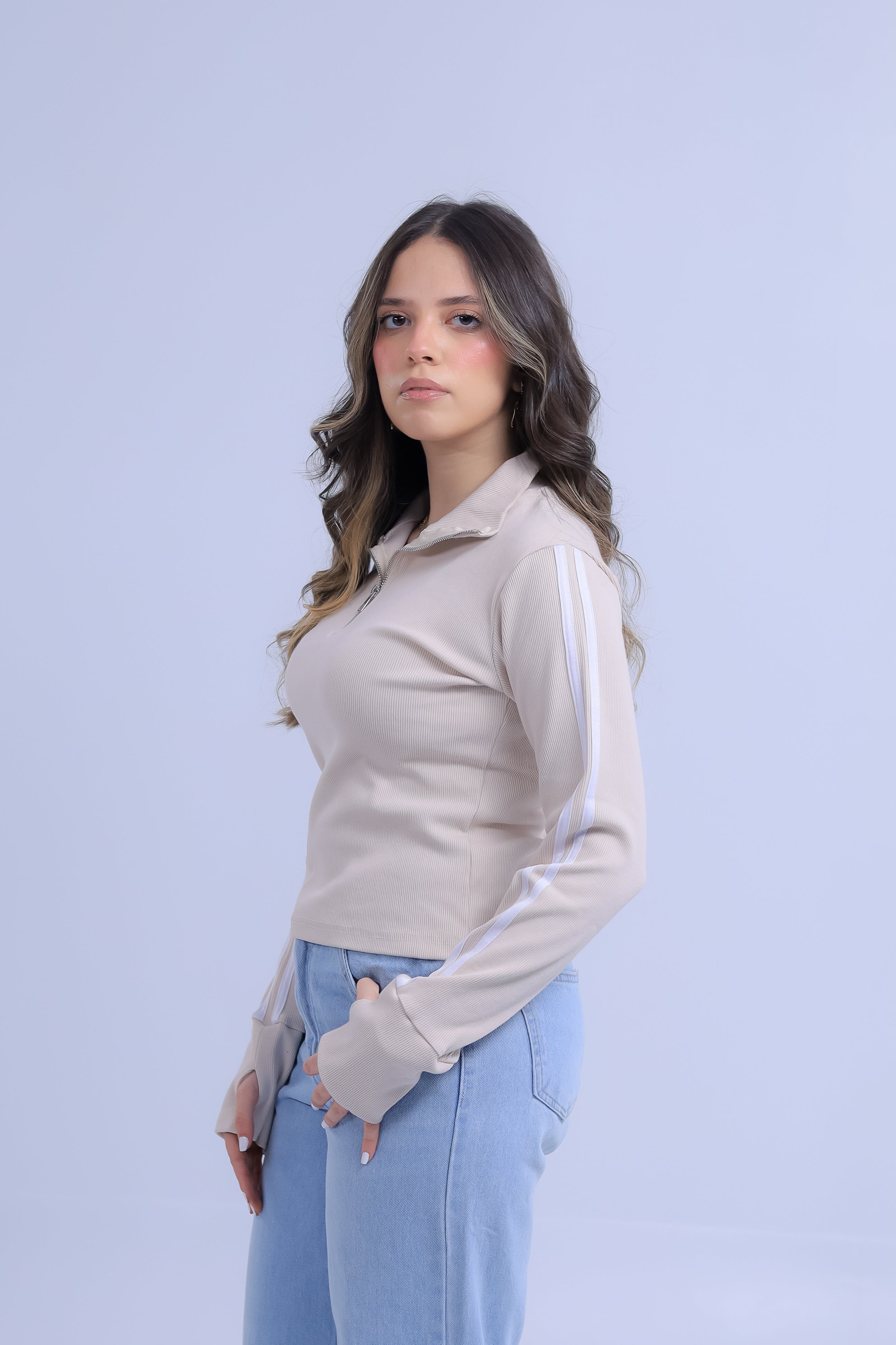 Ribbed Zip Tee With Sleeve Stripes
