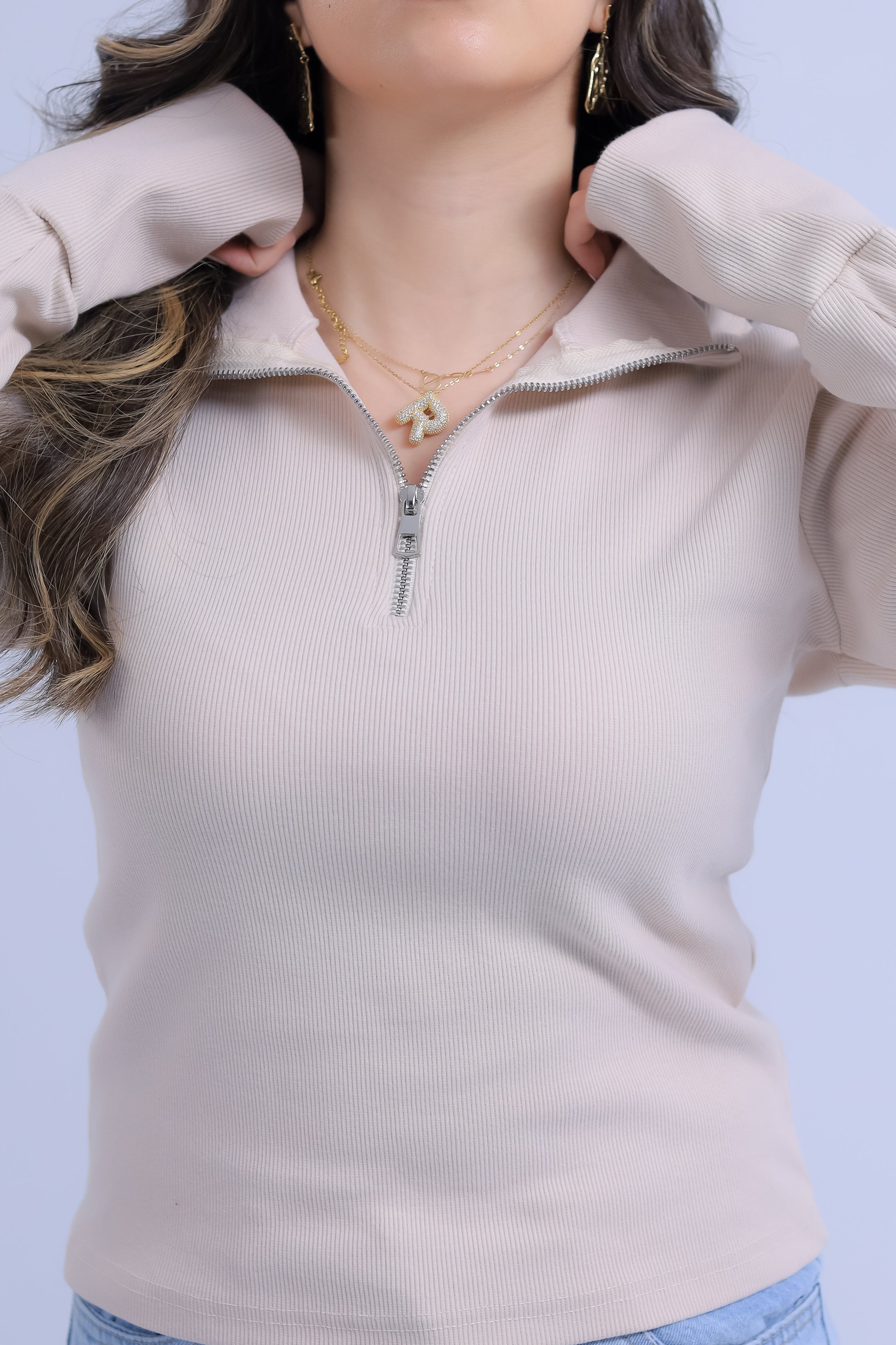 Ribbed Zip Tee With Sleeve Stripes