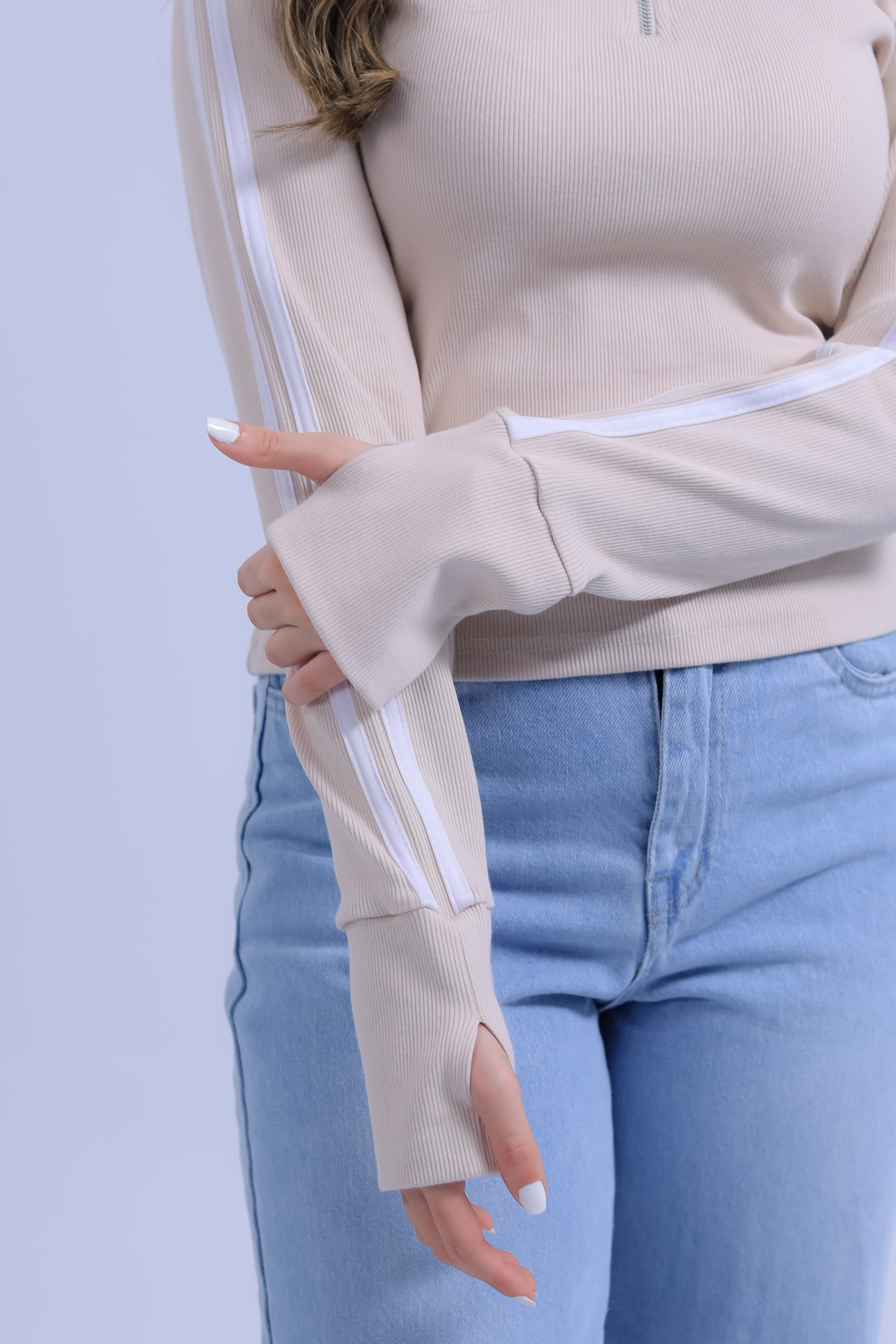 Ribbed Zip Tee With Sleeve Stripes